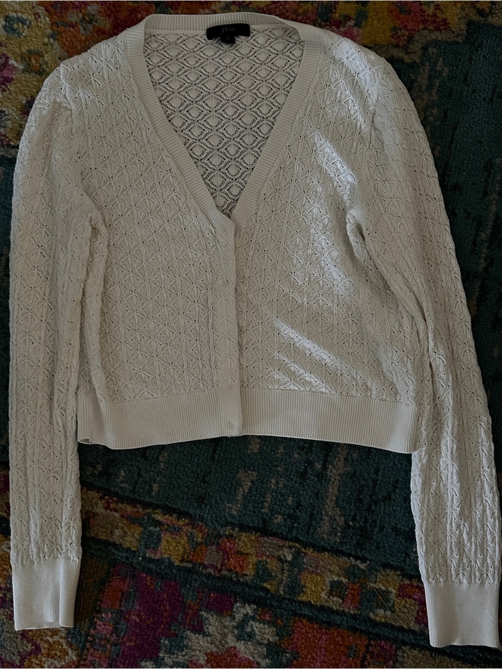J Crew White Crochet Knit V-Neck Button Cardigan Sweater